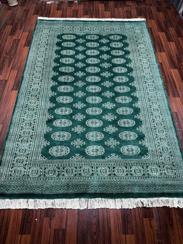 Rare Hand‑Knotted Green Bokhara Rug 5x8 – Wool Geometric Afghan/Pakistani Tribal Carpet – Unique Handmade Art Piece