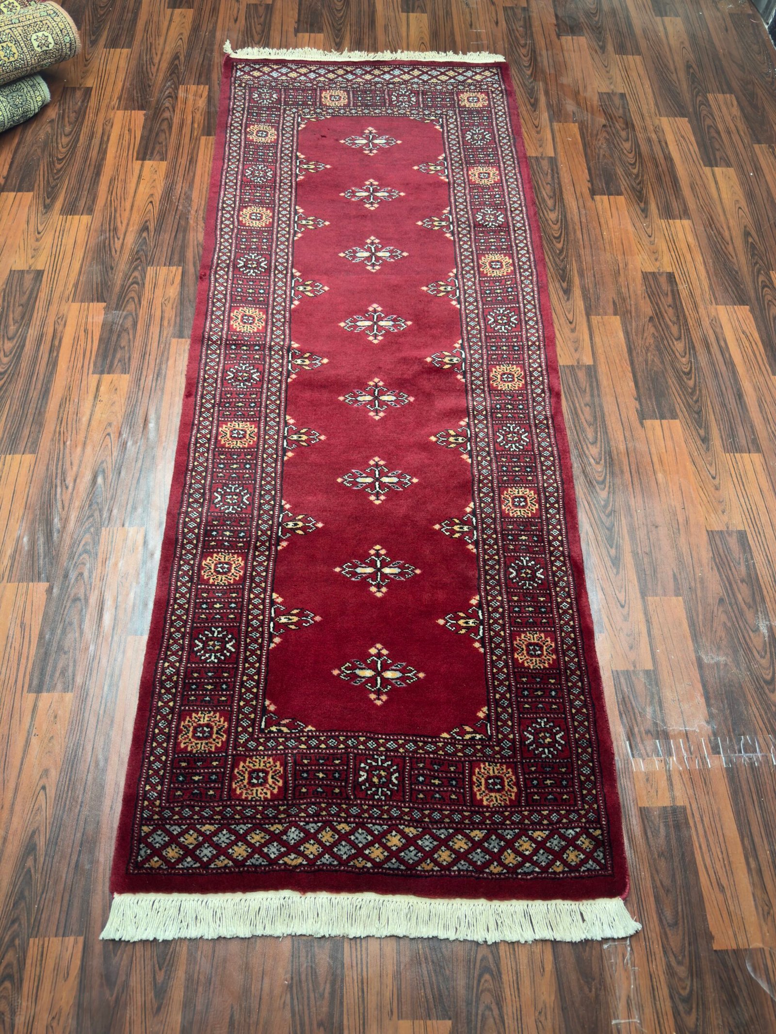 Hand‑Knotted Red Runner Rug 2×8 – Authentic Wool, Organic Cotton Chain, Mixed Colours – Handmade Tribal Bokhara Style