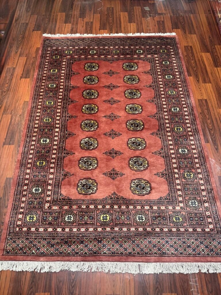 Rare Hand‑Knotted Rose Bokhara Rug 4x6 – Wool Geometric Afghan/Pakistani Tribal Carpet – Unique Mixed‑Colour Handmade Art Piece